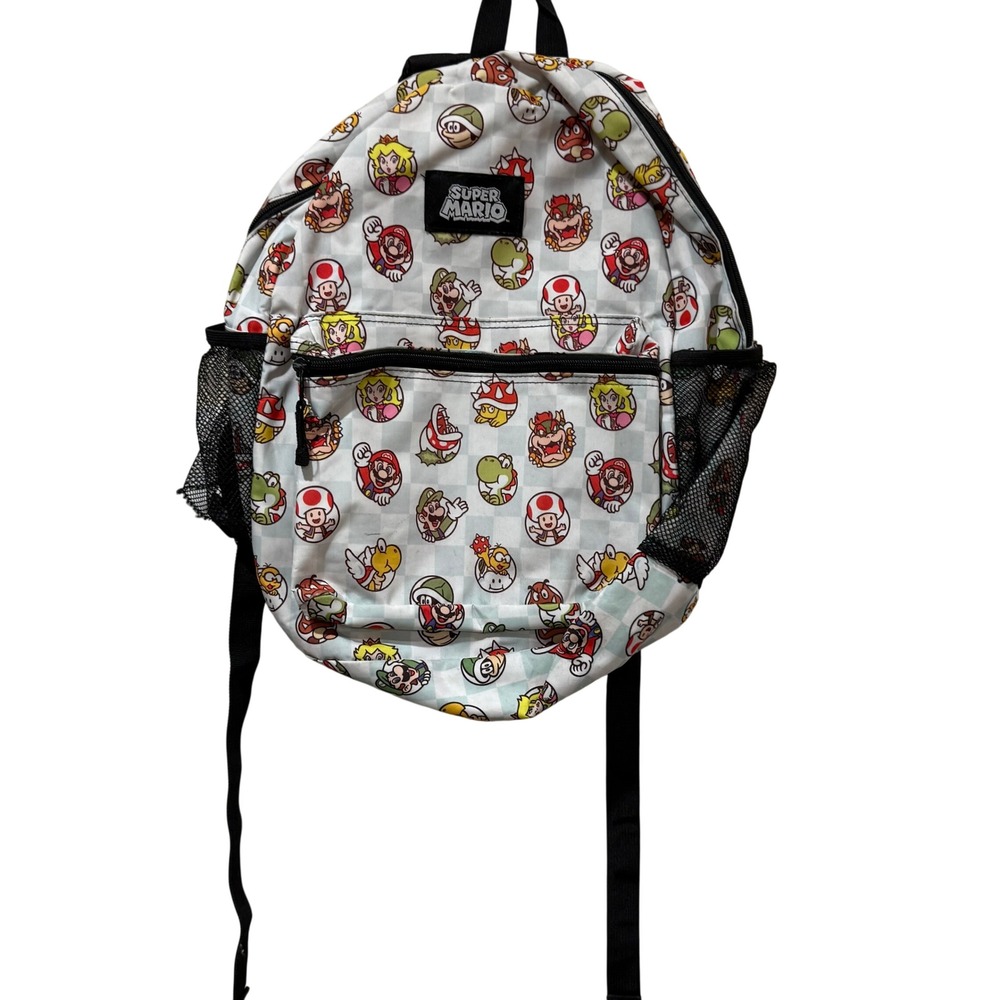 Nintendo Super Mario Bros Character Print Backpack Checkered‎ White Blue Zip Bag